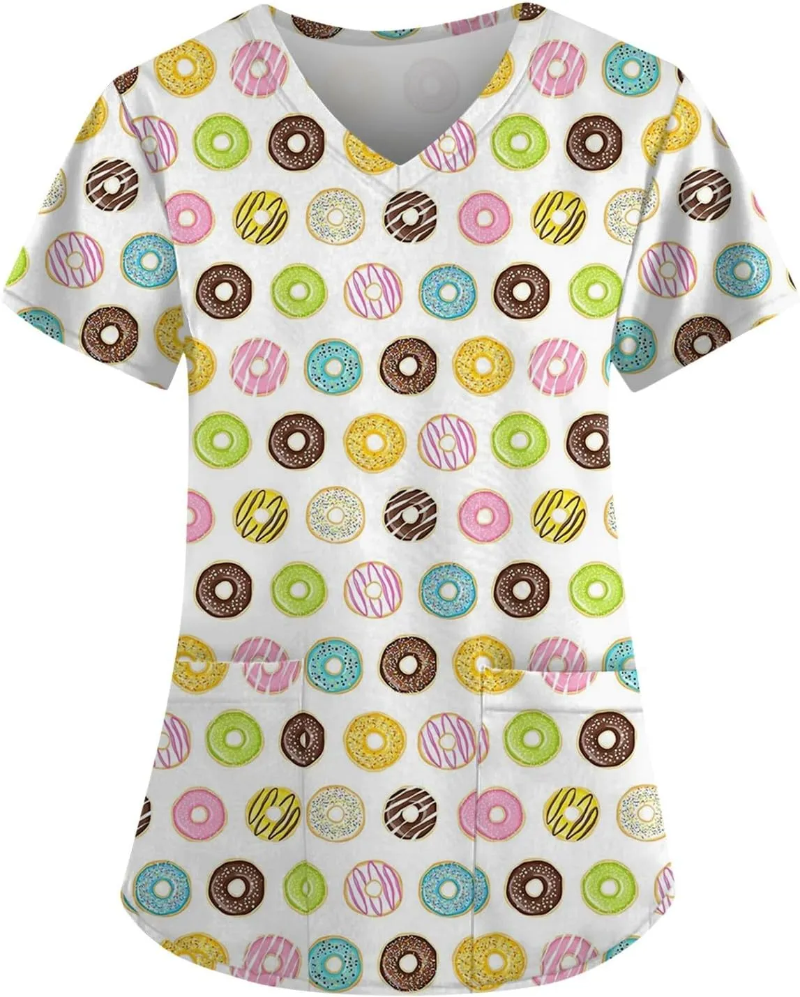 Scrubs for Women Short Sleeve Printing Working T-Shirts V Neck Blouses Classic Fit Scrubs Tops with Pockets
