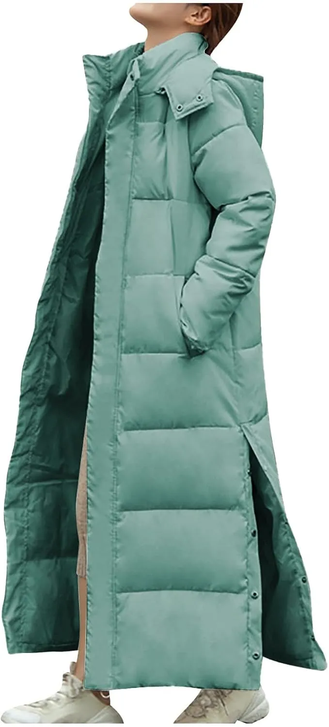 TANGNADE Long Puffer Coat Women with Hood Thickened Long Down Jacket Winter Maxi Length Hooded Jacket with Side Button