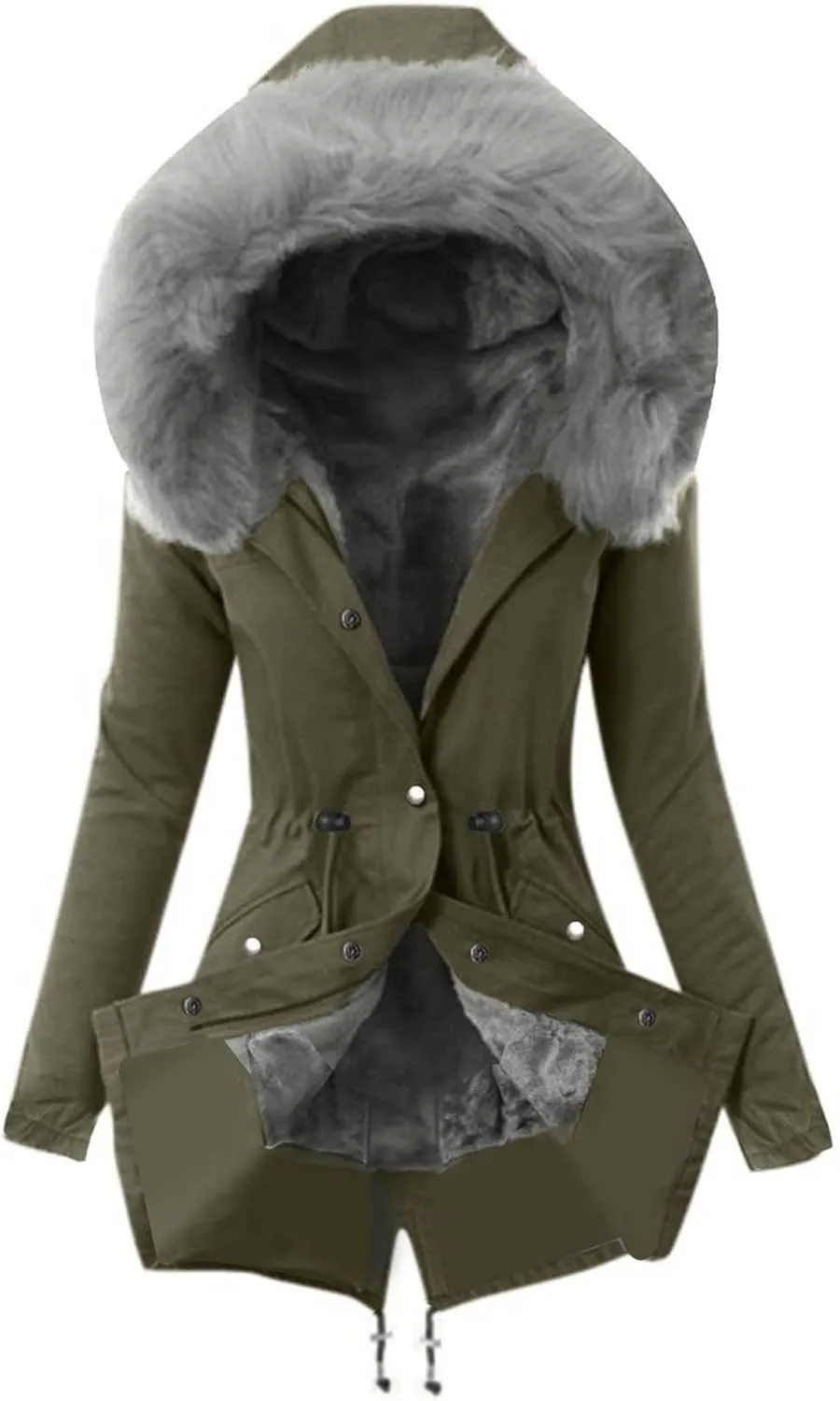 Wkishenl Women's Winter Sherpa Lined Coats Long Sleeve Zip Up Jackets Solid Color Mid Long Parka Coat with Faux Fur Hooded