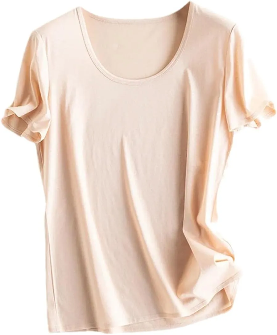 Women Silk T-Shirts Cotton Solid Color U-Neck Short Sleeved Shorts Spring Summer Top Thin Clothes