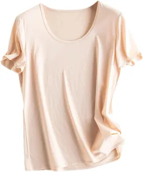 Women Silk T-Shirts Cotton Solid Color U-Neck Short Sleeved Shorts Spring Summer Top Thin Clothes