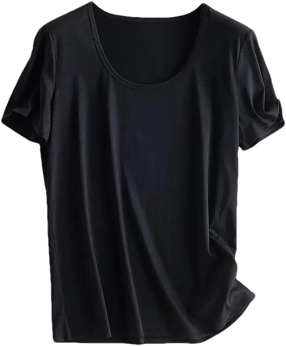 Women Silk T-Shirts Cotton Solid Color U-Neck Short Sleeved Shorts Spring Summer Top Thin Clothes