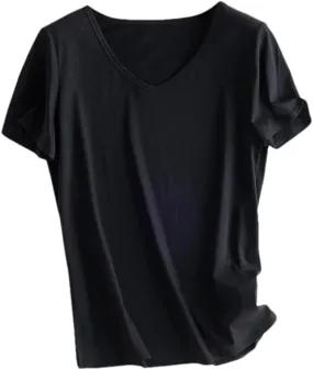 Women Silk T-Shirts Cotton Solid Color U-Neck Short Sleeved Shorts Spring Summer Top Thin Clothes