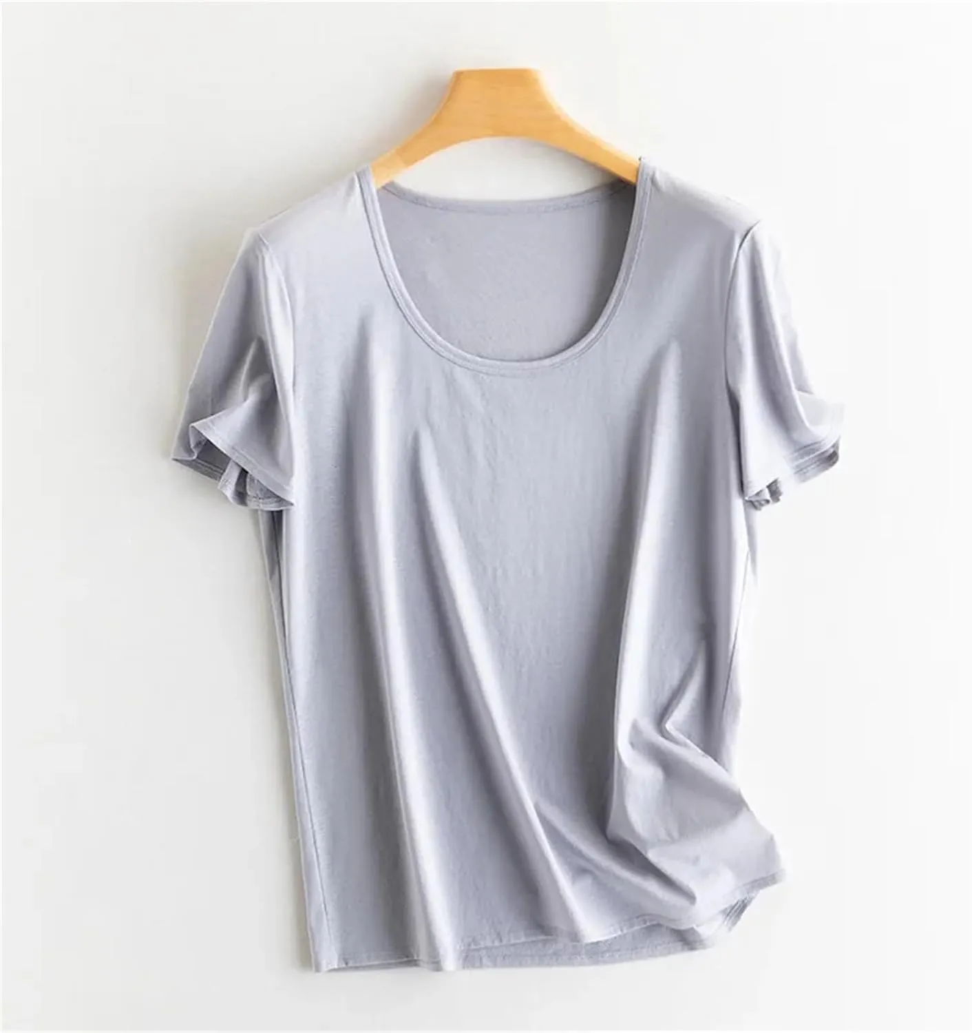 Women Silk T-Shirts Cotton Solid Color U-Neck Short Sleeved Shorts Spring Summer Top Thin Clothes
