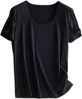 Women Silk T-Shirts Cotton Solid Color U-Neck Short Sleeved Shorts Spring Summer Top Thin Clothes