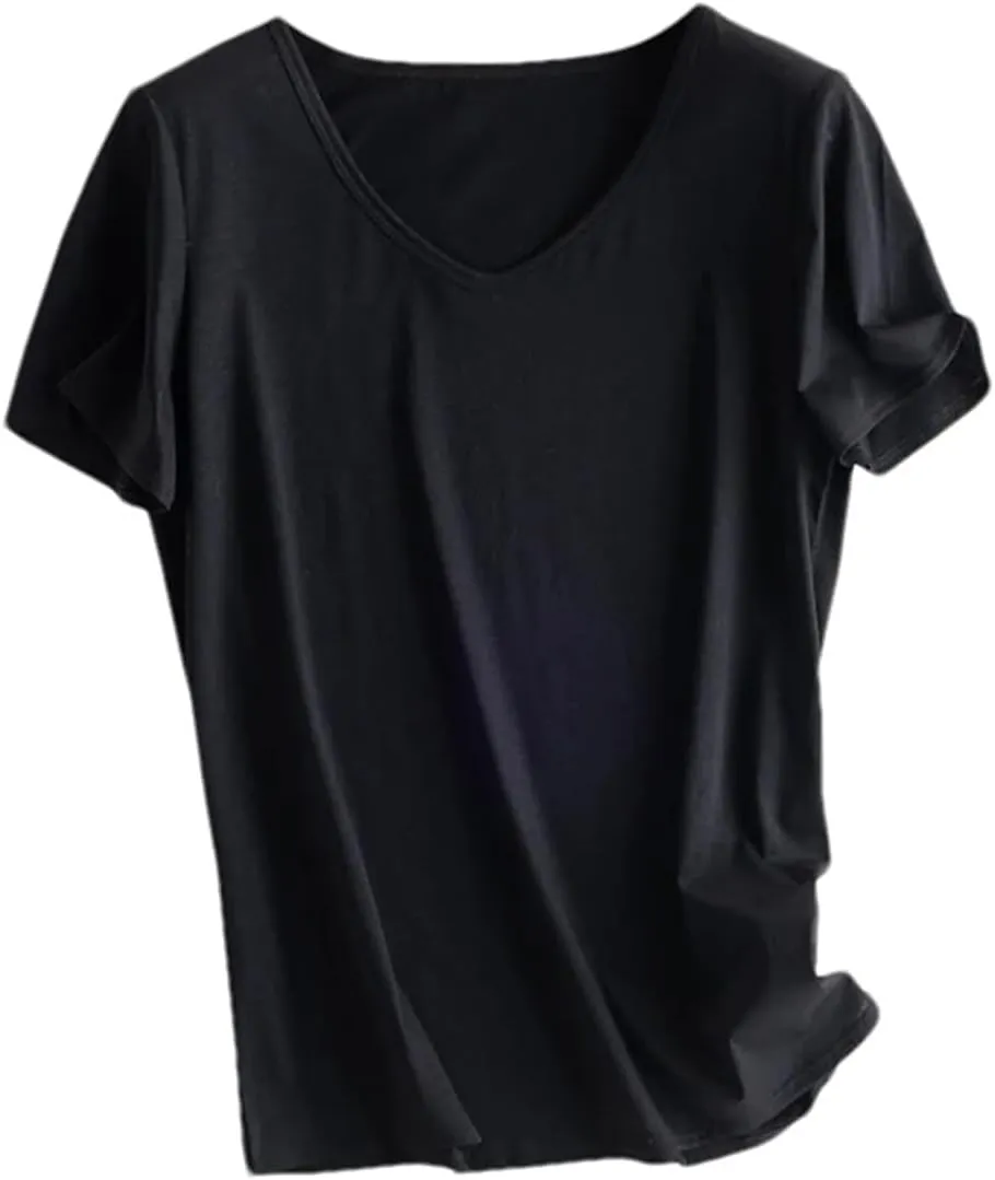 Women Silk T-Shirts Cotton Solid Color U-Neck Short Sleeved Shorts Spring Summer Top Thin Clothes