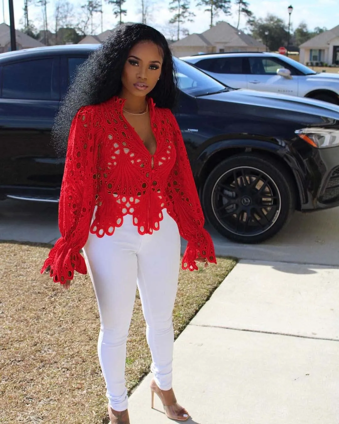 Womens Sexy Lace Long Sleeve Ruffled Tops Cute Puff Flare Blouses V Neck Hollow Out Button Down Shirt Tunic