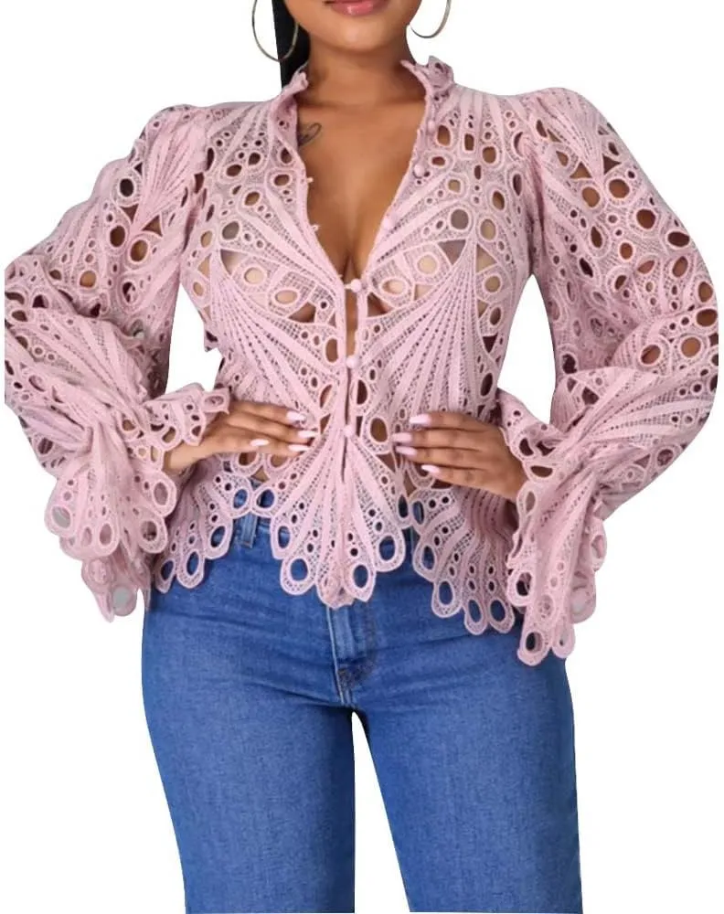 Womens Sexy Lace Long Sleeve Ruffled Tops Cute Puff Flare Blouses V Neck Hollow Out Button Down Shirt Tunic