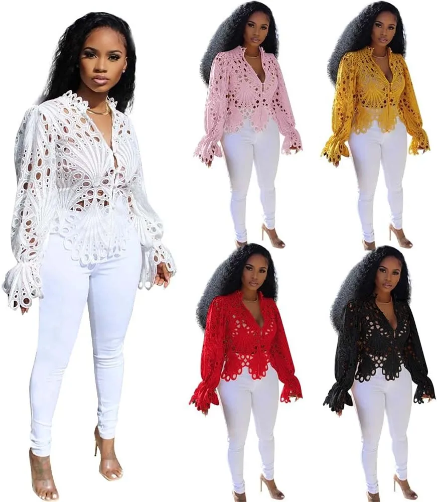 Womens Sexy Lace Long Sleeve Ruffled Tops Cute Puff Flare Blouses V Neck Hollow Out Button Down Shirt Tunic