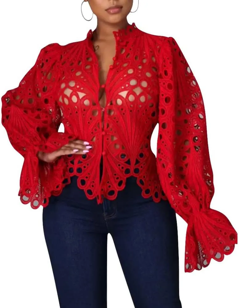 Womens Sexy Lace Long Sleeve Ruffled Tops Cute Puff Flare Blouses V Neck Hollow Out Button Down Shirt Tunic