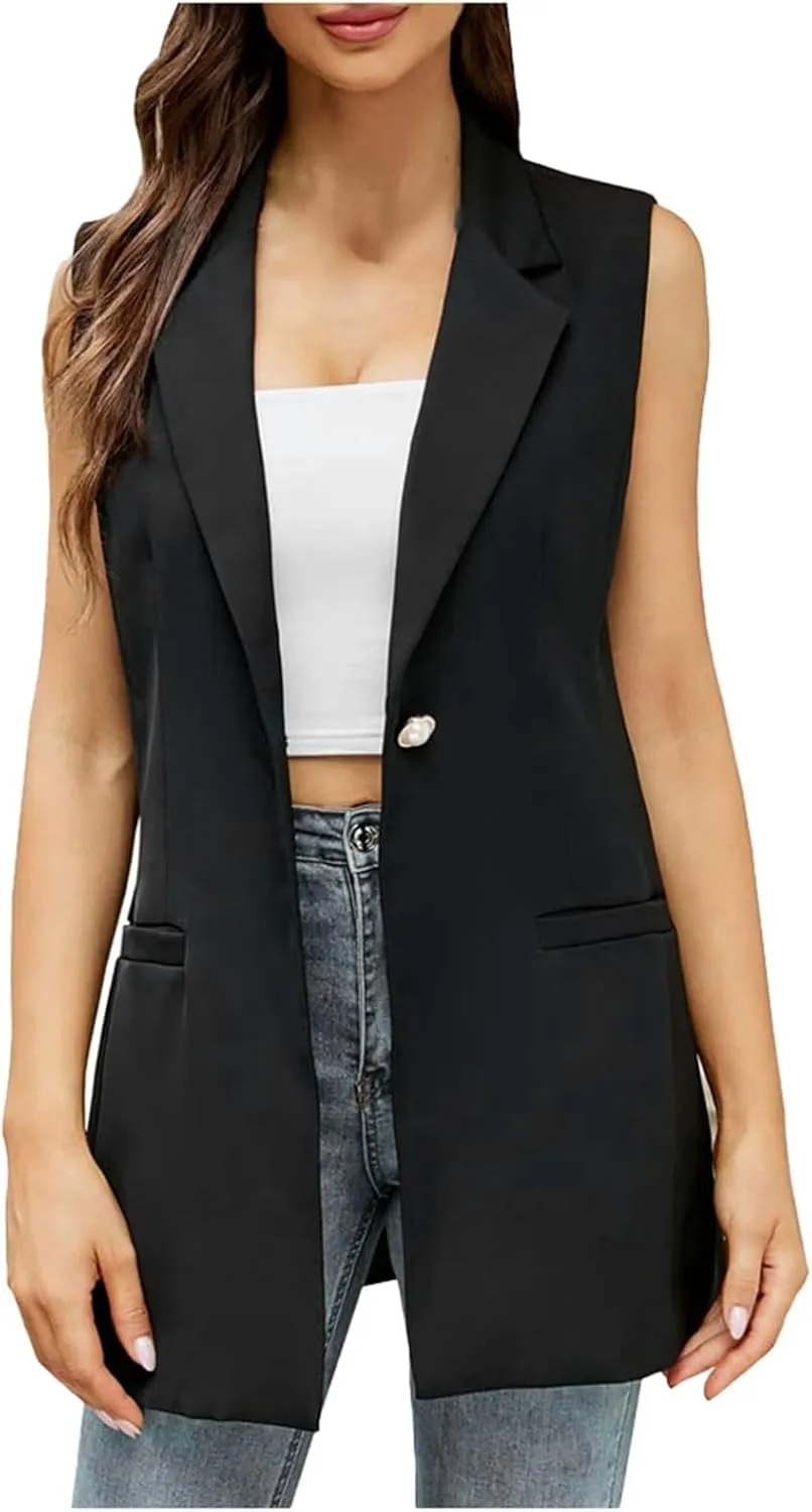 Women's Summer Blazer Button Lapel Sleeveless Pocket Dressy Casual Business Elegant Comfort Fit Fashion Suit Jackets