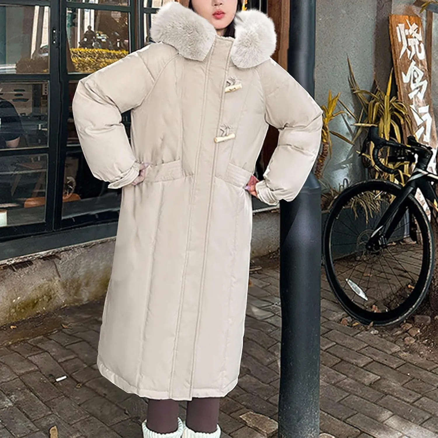 Women's Winter Warm Puffer Coats Long Faux Fur Trim Hoodie Down Jackets Long Sleeve Full Zip Trendy Parkas Outerwear