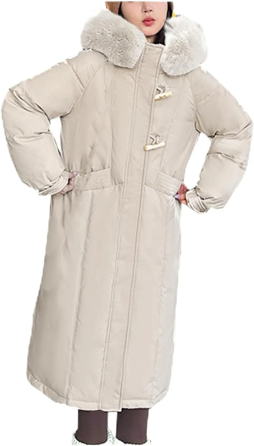 Women's Winter Warm Puffer Coats Long Faux Fur Trim Hoodie Down Jackets Long Sleeve Full Zip Trendy Parkas Outerwear