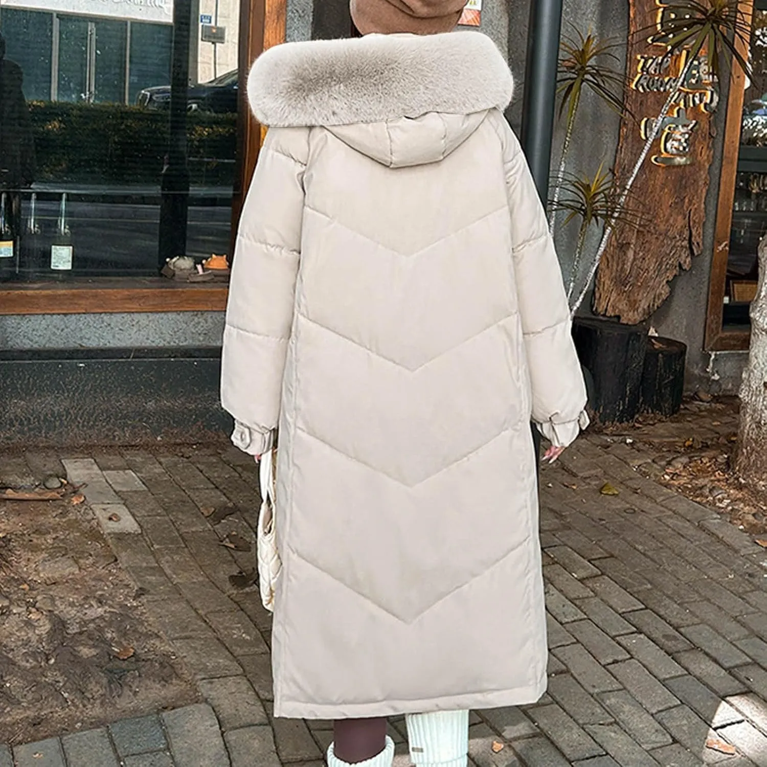 Women's Winter Warm Puffer Coats Long Faux Fur Trim Hoodie Down Jackets Long Sleeve Full Zip Trendy Parkas Outerwear