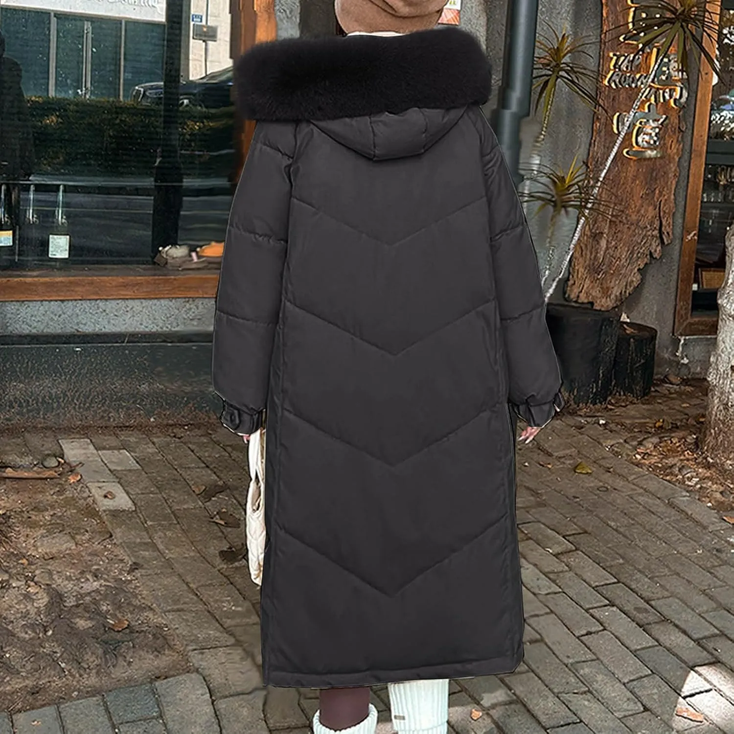 Women's Winter Warm Puffer Coats Long Faux Fur Trim Hoodie Down Jackets Long Sleeve Full Zip Trendy Parkas Outerwear
