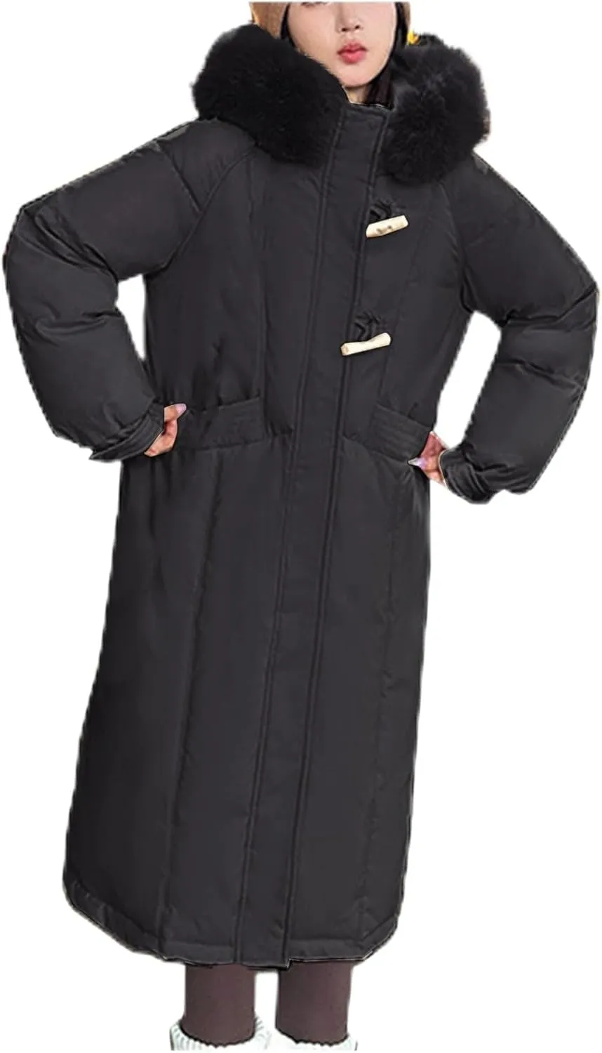 Women's Winter Warm Puffer Coats Long Faux Fur Trim Hoodie Down Jackets Long Sleeve Full Zip Trendy Parkas Outerwear