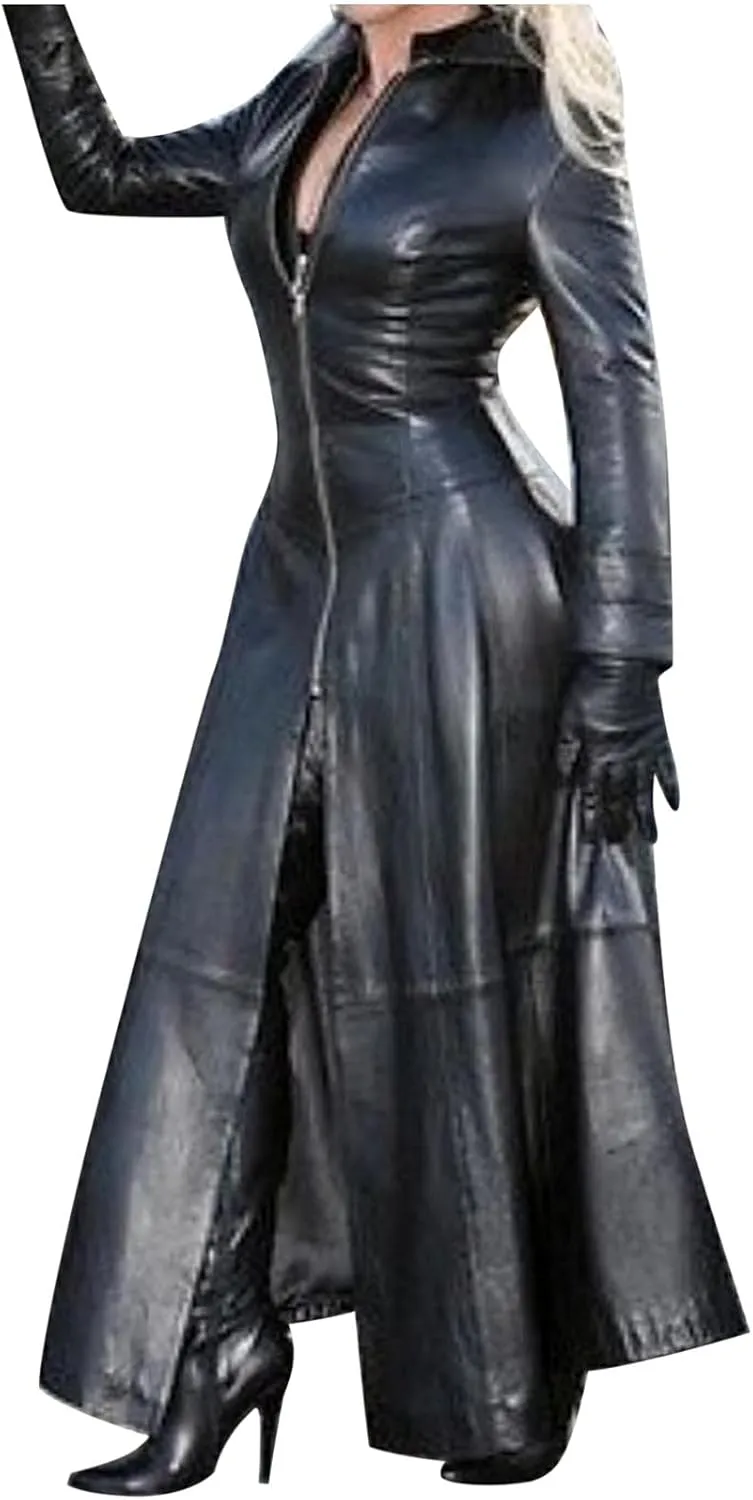 yardsong Faux Leather Trench Coats for Women Long Sleeve Zip Up Long Jackets Slim Fit Ankle Length Fashion Outerwear